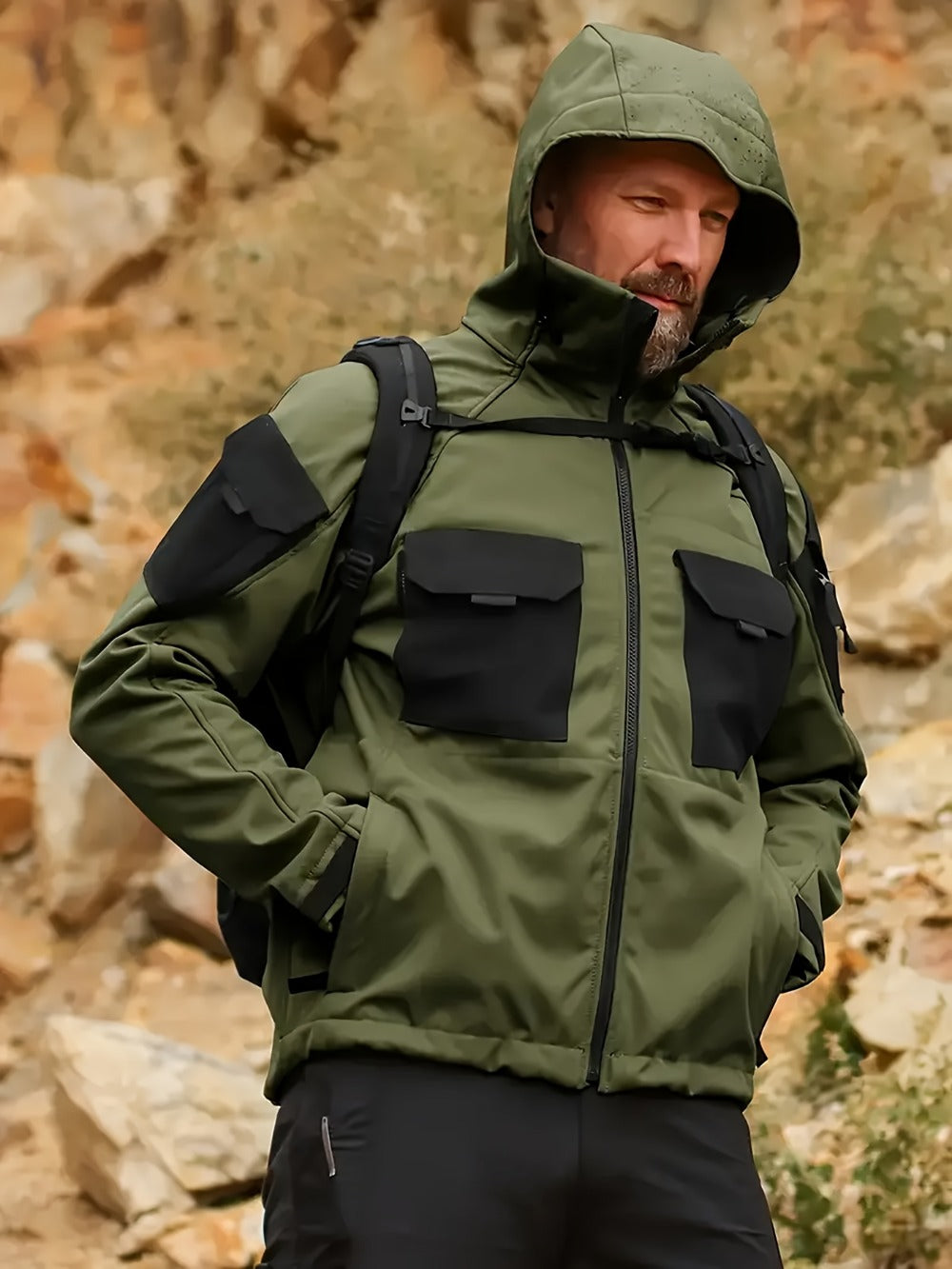 Men's Tactical Softshell Jacket - Hooded Multi-Pocket Windbreaker