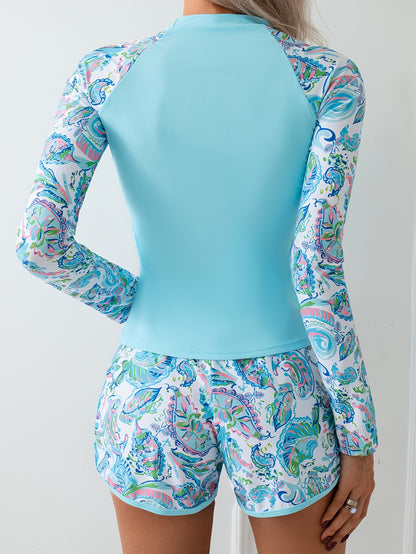 Two-Piece Outfit Featuring a Long-Sleeve Tankini Top And Shorts for Women