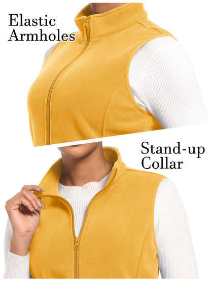 Women'S Fleece Zip Vest Lightweight Warm Sleeveless Jacket Stand Up Collar Windproof Soft Outerwear Vest with 4 Pockets Elastic Armholes for Camping Riding Office Outdoor Party Spring Fall Winter