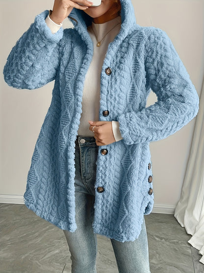 Hooded Fuzzy Coat Mid-Length Jacket with Buttons Soft Warm Winter Fall Outfits 5 Colors