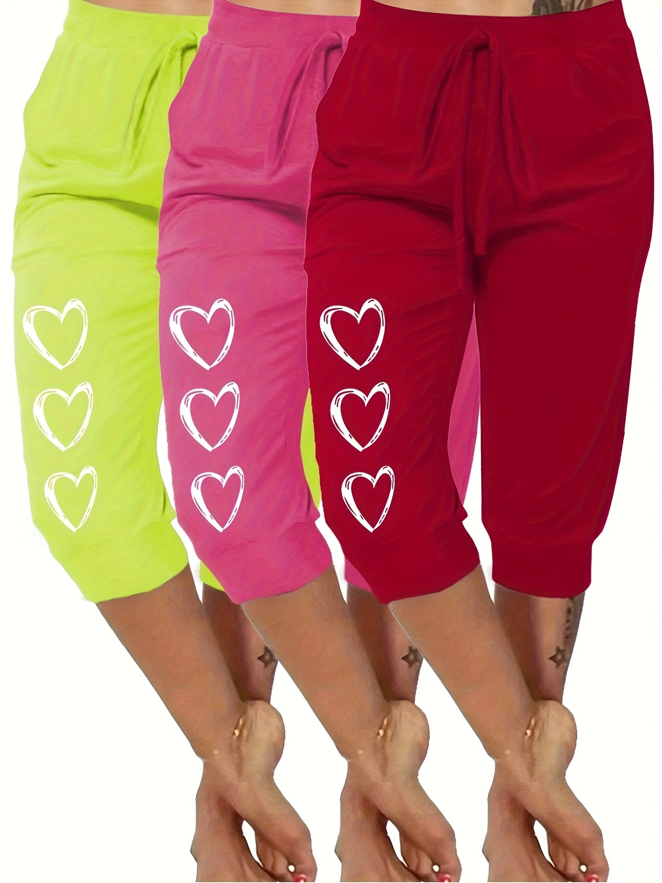 3pcs Women's Plus Size Capri Pants with Heart Print, Minimalist Casual Fit, Very Comfortable Loungewear