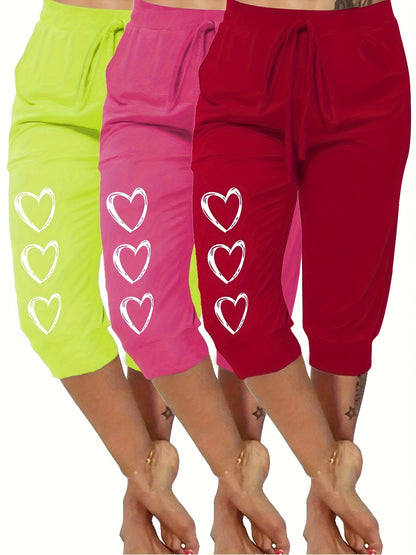 3pcs Women's Plus Size Capri Pants with Heart Print, Minimalist Casual Fit, Very Comfortable Loungewear