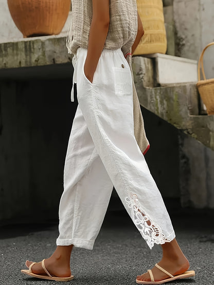 White Lace Trimmed Harem Pants - Drawstring Waist Wide Leg Palazzo with Side Pockets | Women's Boho Vacation Trousers
