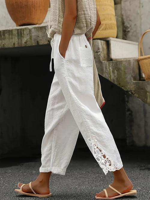 White Lace Trimmed Harem Pants - Drawstring Waist Wide Leg Palazzo with Side Pockets | Women's Boho Vacation Trousers