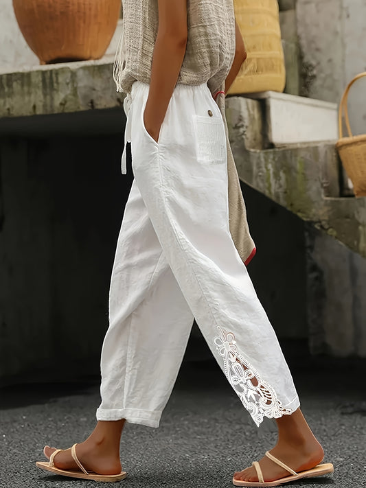 White Lace Trimmed Harem Pants - Drawstring Waist Wide Leg Palazzo with Side Pockets | Women's Boho Vacation Trousers
