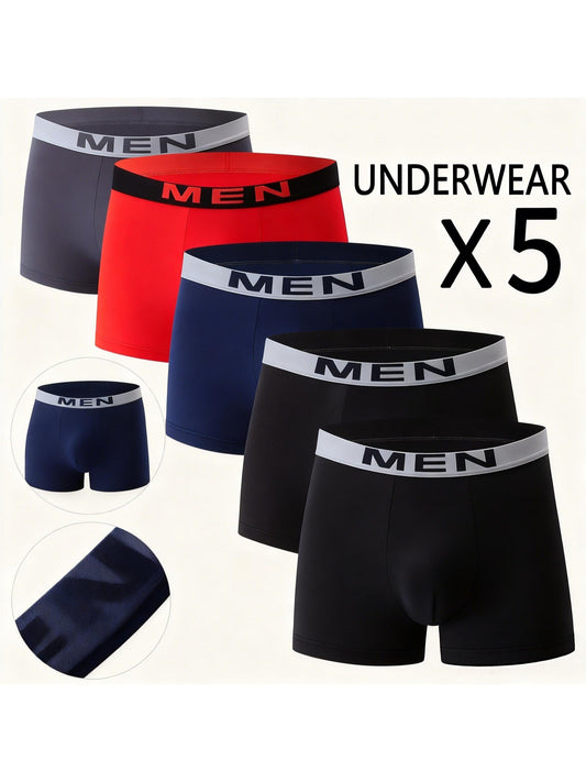 5 pieces Set Of Men's Breathable Boxer Underwear - Comfortable And Stretchy, Solid Color, Casual Sports Underwear Random color