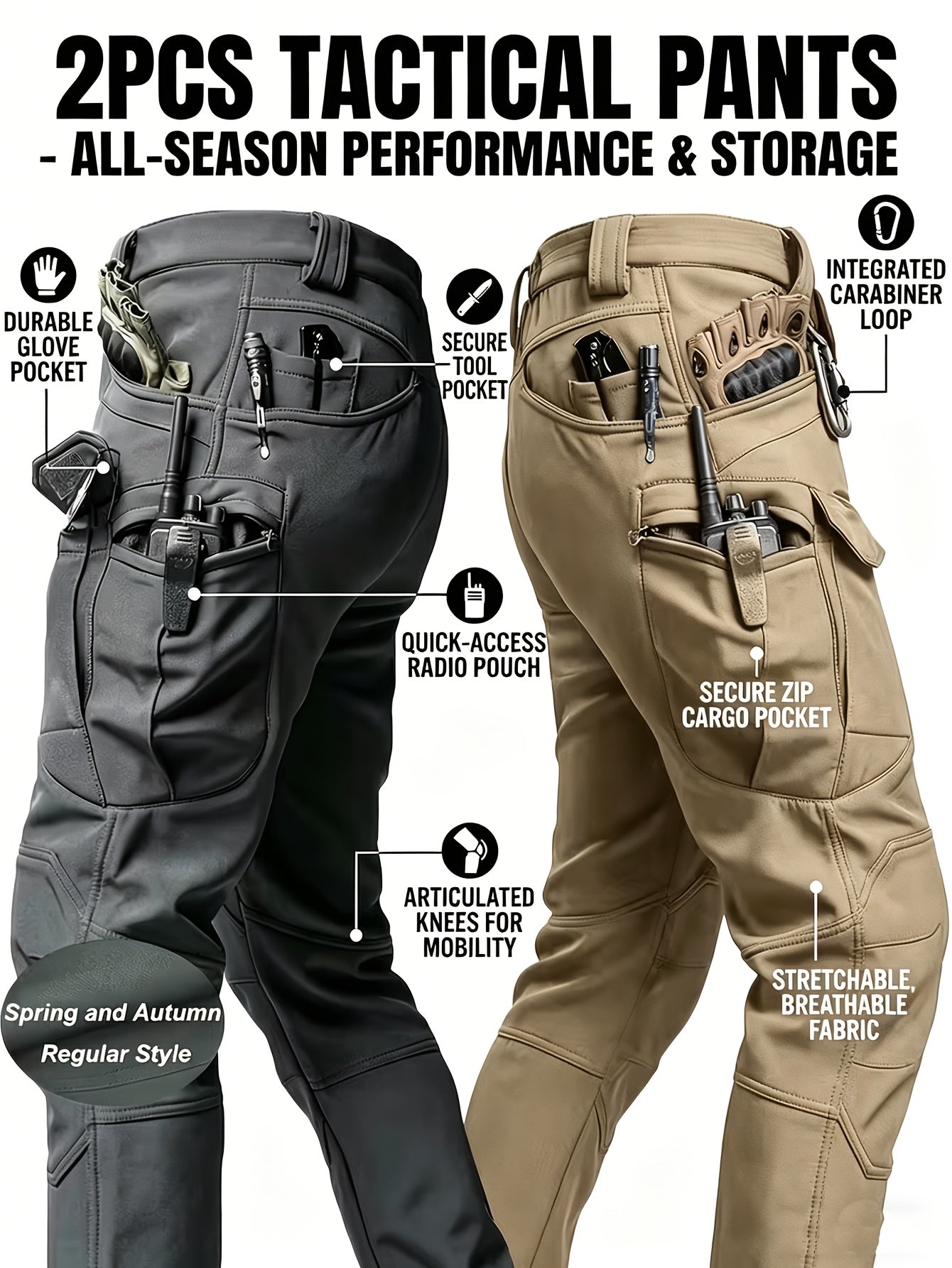 2pcs, Men's Lightweight Tear-resistant Work Hiking Pants with 9 Pockets | Elastic Waist, Non-Elastic Fabric, Solid Color, Ideal for Outdoor Activities Such as Mountaineering, Rock Climbing, Camping, Fishing, Hunting