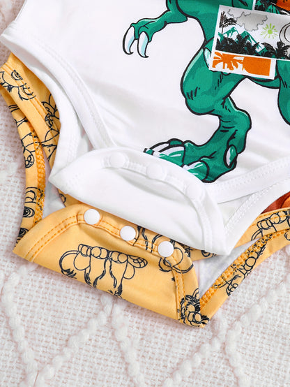 6pcs Boys' Autumn and Winter Set with Yellow Lion Patterns, White Dinosaur Cartoon Print Long Sleeve Rompers, Black Lion Print Pants, and Matching Hat - Cute Outfit, for Outdoor, Cold Weather Clothing, Seasonal Baby Wear, Playful Clothes, Comfortable Romp