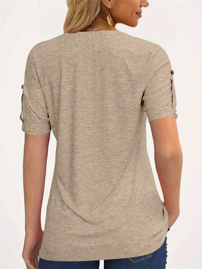 Casual Short-Sleeve Blouse for Women with a Solid Color, Featuring a Pleated Design, Buttoned V-Neck, And a Zipper