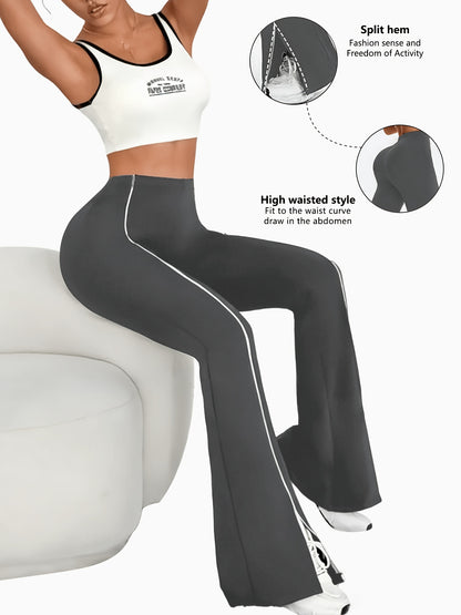 High-Waisted Slit Flared Pants with Side Lines, Elastic Pants, Retro And Versatile Casual Long Pants