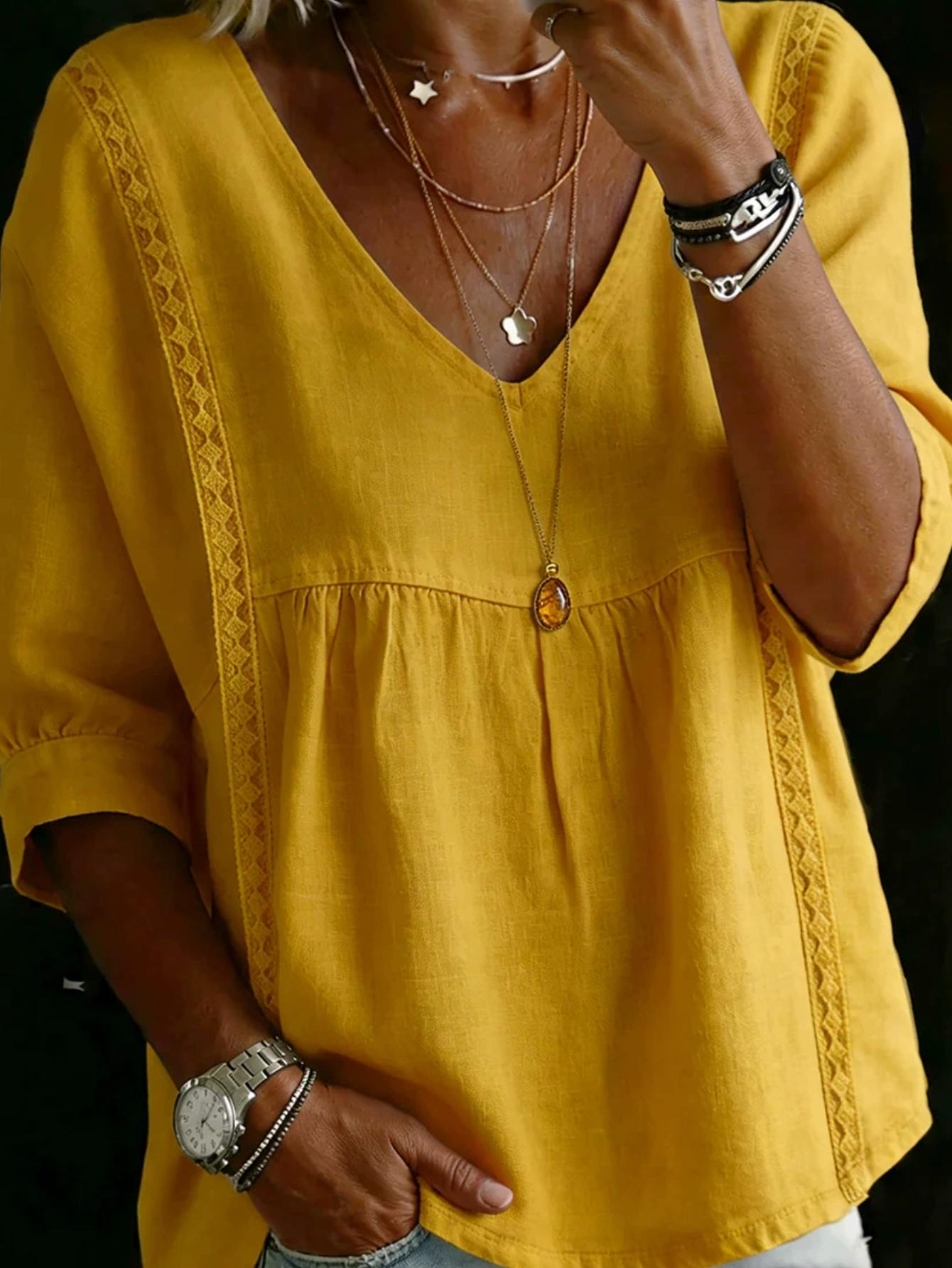 Women'S V-neck Loose-fit Top With Lace Panels; Elegant Design, Three-quarter-length Puff Sleeves, Lace Cut-out Detailing At The Sides, Figure-flattering Cut That Conceals The Tummy; Perfect For Bohemian-inspired Office Wear