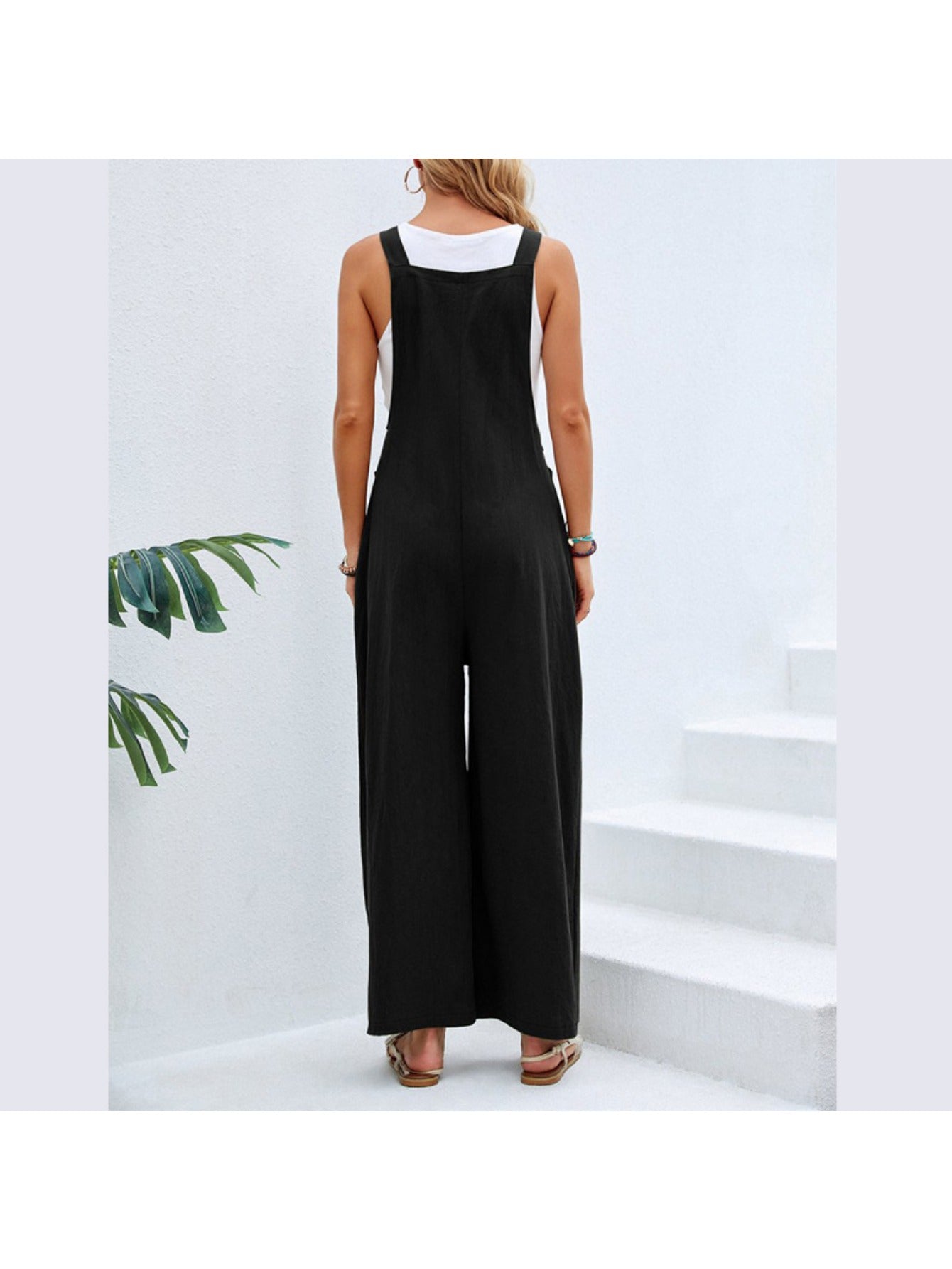 Retro Style Women'S Jumpsuit with Wide Legs, Mid-Rise Solid Color Overalls for Casual Daily Wear, Effortless Boho Chic One-Piece Pants