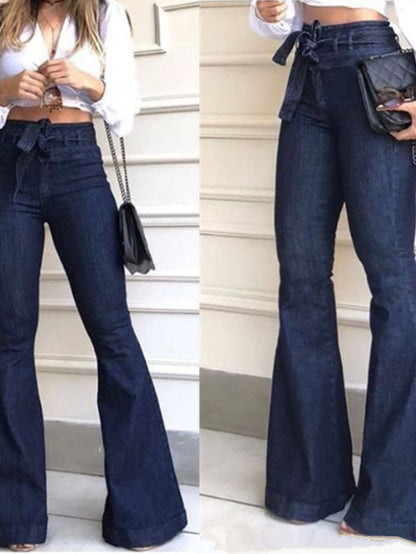 High-Waisted Slightly Stretchy Belt-Accented Flared Pants, Wide-Leg Women'S Jeans, Retro Flared Jeans, Loose-Fitting Women'S Jeans, Featuring 70S Style Ripped Design And Elastic Waistband, Suitable for Casual Or Cocktail Party Occasions