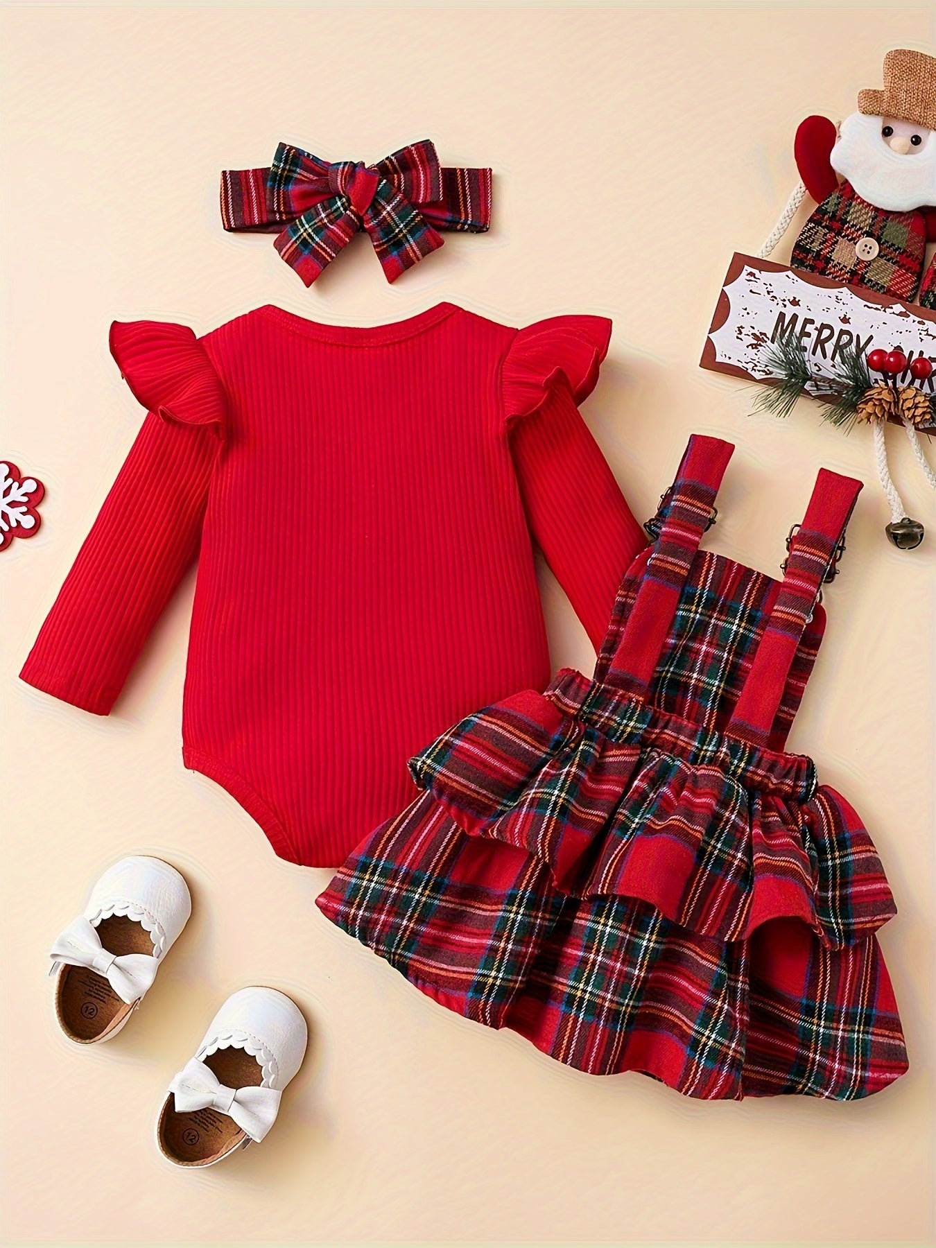 Baby Autumn And Winter Clothing Set Baby Girls 0-18 Months Romper And Plaid Strap Skirt And Headband, for Outdoor