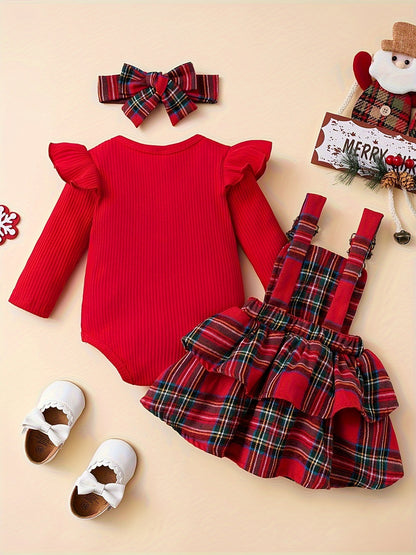 Baby Autumn And Winter Clothing Set Baby Girls 0-18 Months Romper And Plaid Strap Skirt And Headband, for Outdoor