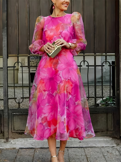 [Wedding Guest Party] Women's Floral Print Chiffon Maxi Dress - Elegant Ombre Gradient Long Sleeve Dress with Back Zipper, Wedding Guest Party Dress, Flowy Sunset Dress