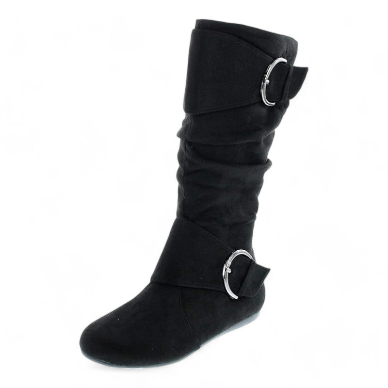 Women's Closed Round Toe Buckle Slouch Flat Heel Mid-Calf Boot