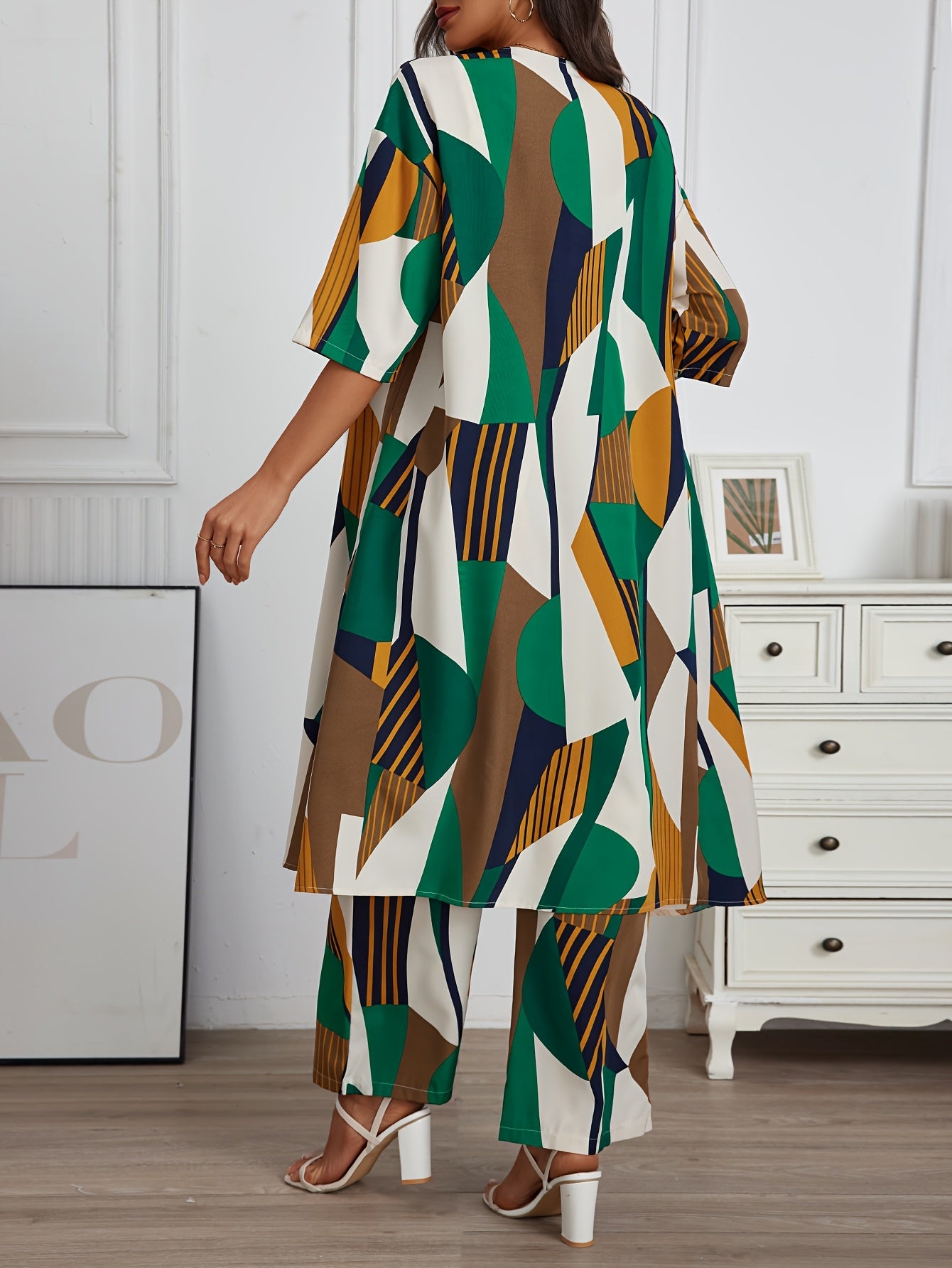 Vacation Style Geo Print Pantsuits Set, Long Length Short Sleeve Shirt & Wide Leg Pants Outfits, Women's Clothing