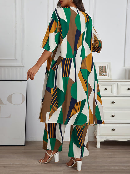Vacation Style Geo Print Pantsuits Set, Long Length Short Sleeve Shirt & Wide Leg Pants Outfits, Women's Clothing
