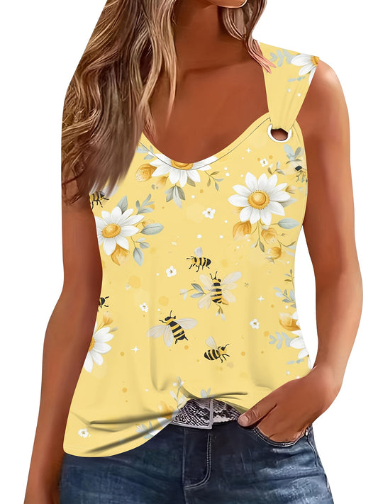 European And American Women's Fashion Tank Tops Stylish Printed Women's Casual Tank Tops Tops Digital Print Circular Neck Tank Tops Soft Fabric Suitable for All Seasons