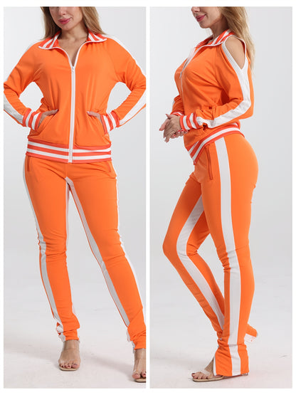 Women's 2pcs Athletic Tracksuit Set, Striped Contrast Shoulder Slit Top & Zipper Hem Sporty Pants, Activewear Lounge Set