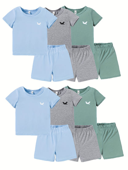 12pcs Targeted Development Summer New Boys' And Girls' Fashion Shorts Set, Printed Casual Set, Six Tops, Six Shorts, for Outdoor