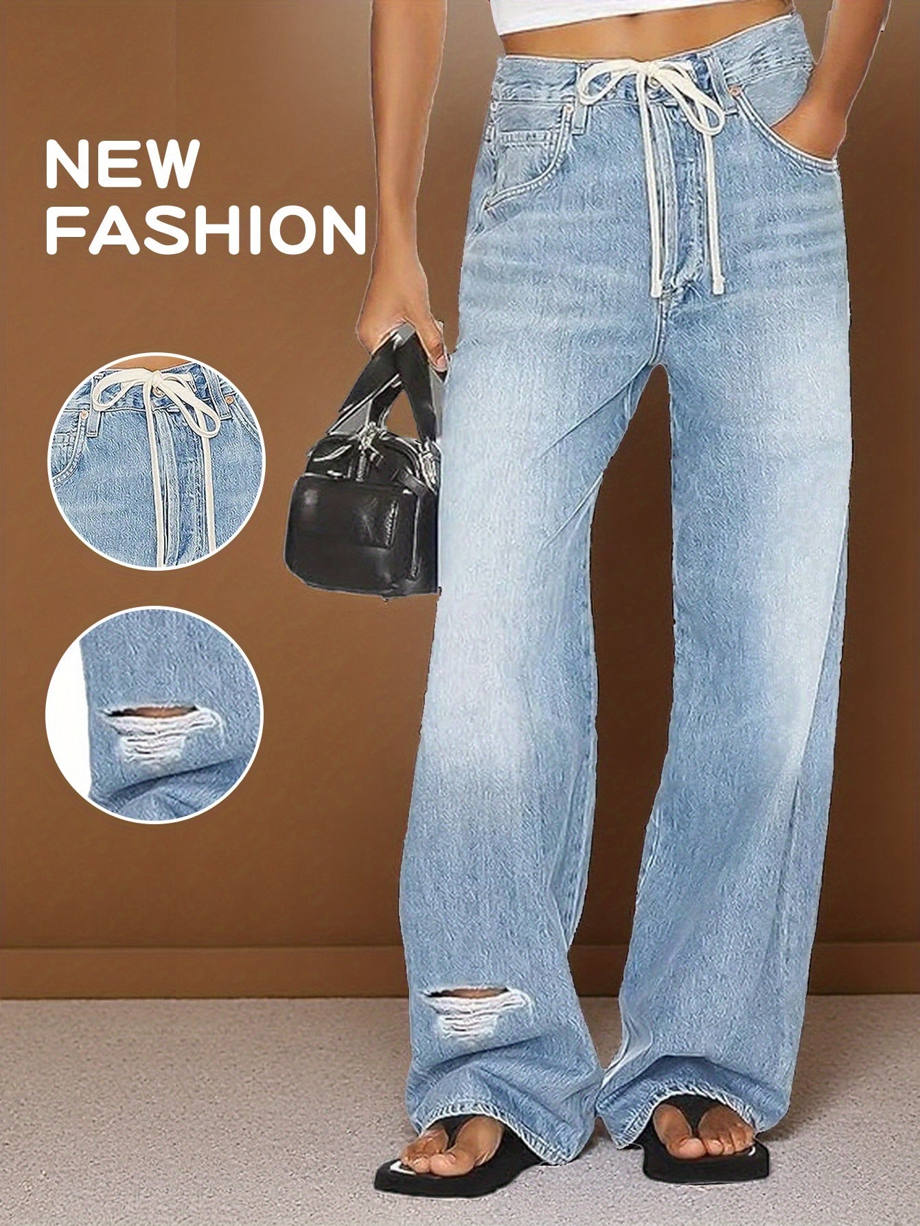 Women'S Wide Leg Mid-Waist Casual Drawstring Hollowed Out Jeans with Pockets, Comfortable And Versatile, Casual And Fashionable, Very Suitable for Work, Travel, Shopping And Daily Wear