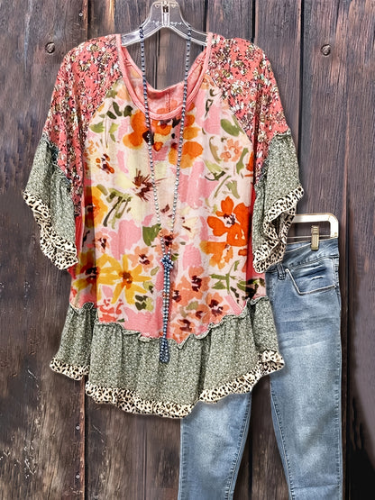 Mixed Floral Print Loose Top, Leopard Print Patchwork, Flared Three-quarter Sleeves, Women's Clothing