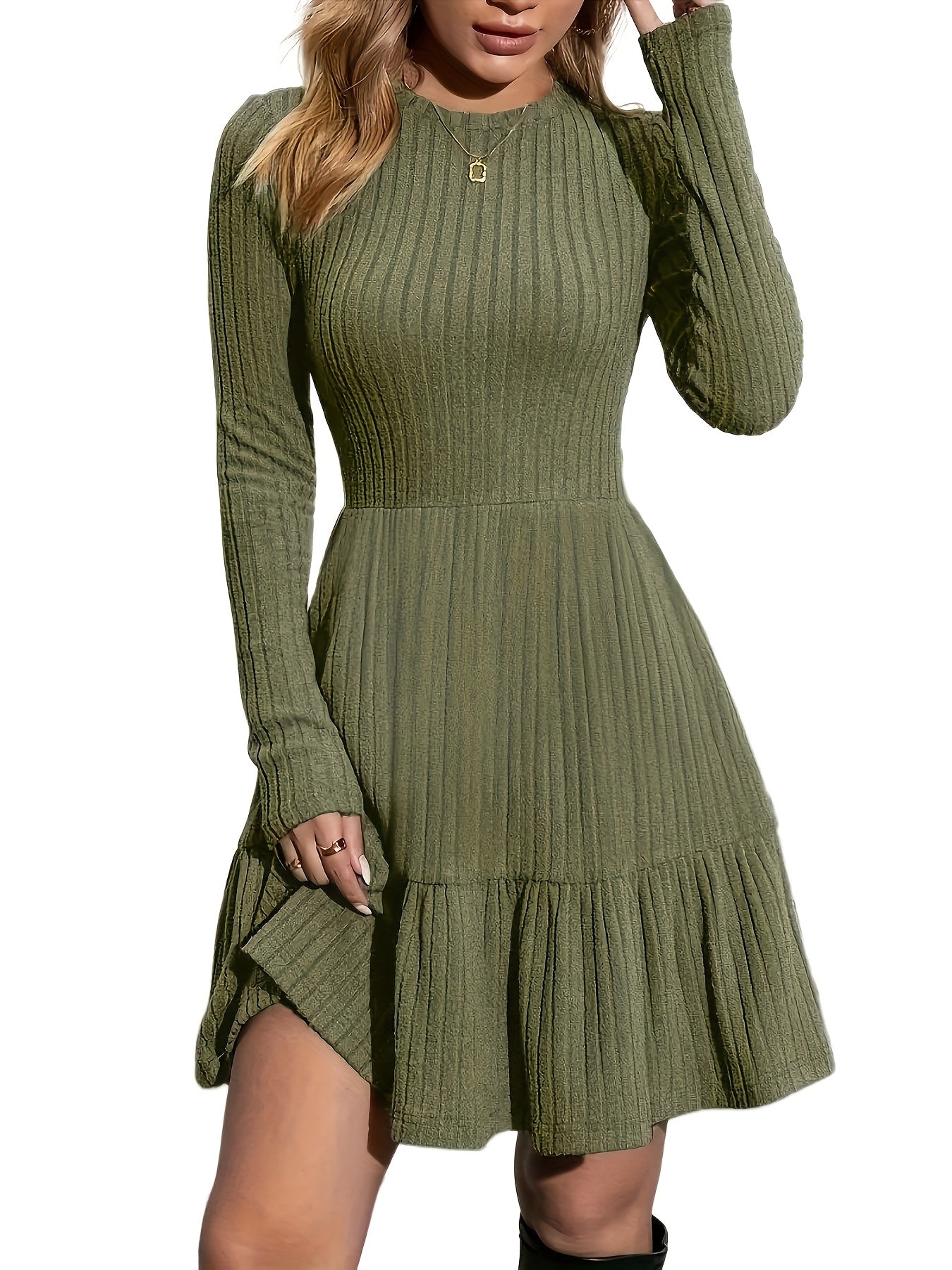 Autumn Style Casual Ruffle Trimmed Skirt, Fitted A-Line Mini Spring Sweater Dress with Knee-Length Fashionable Long Sleeves, A-Line Skirt, Round Neckline, Dropped Shoulder Hem, Fabric, Short Dress, Elegant Women'S Ribbed Long Sleeve Dress