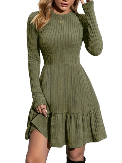 Autumn Style Casual Ruffle Trimmed Skirt, Fitted A-Line Mini Spring Sweater Dress with Knee-Length Fashionable Long Sleeves, A-Line Skirt, Round Neckline, Dropped Shoulder Hem, Fabric, Short Dress, Elegant Women'S Ribbed Long Sleeve Dress