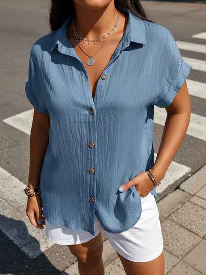 Plus Size - Plus Size - Spring And Summer Plus Size Women'S Elegant Solid Colour Short Sleeves Shirt - Blue, Button Design, Flap Collar, Smooth Fabric - Plus Size Shirt