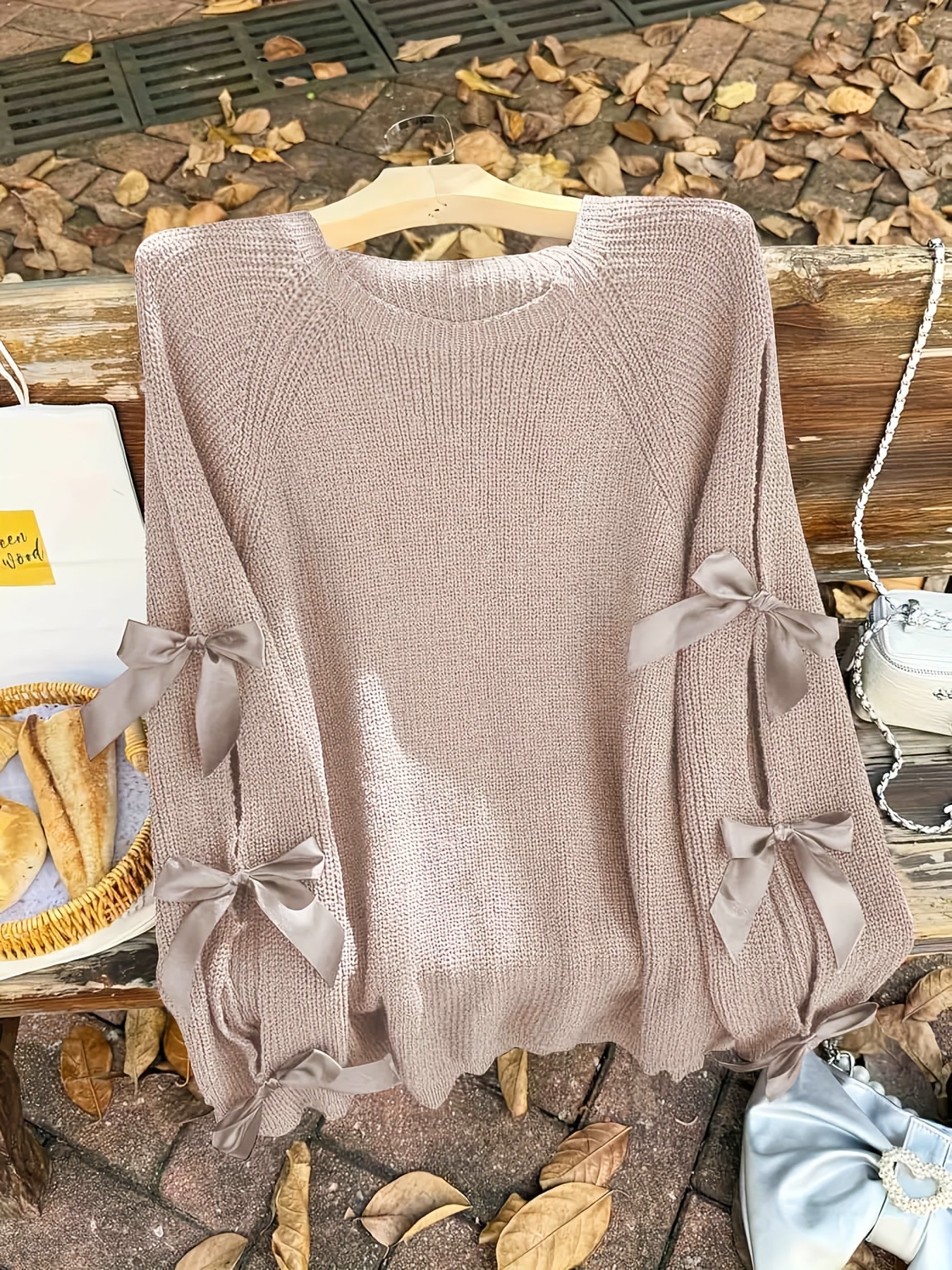 Plus Size, Plus-size  Sweet Style, Round Neck Balloon Sleeve Bow Sweater, Autumn and Winter Atmosphere Items