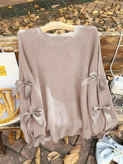 Plus Size, Plus-size  Sweet Style, Round Neck Balloon Sleeve Bow Sweater, Autumn and Winter Atmosphere Items