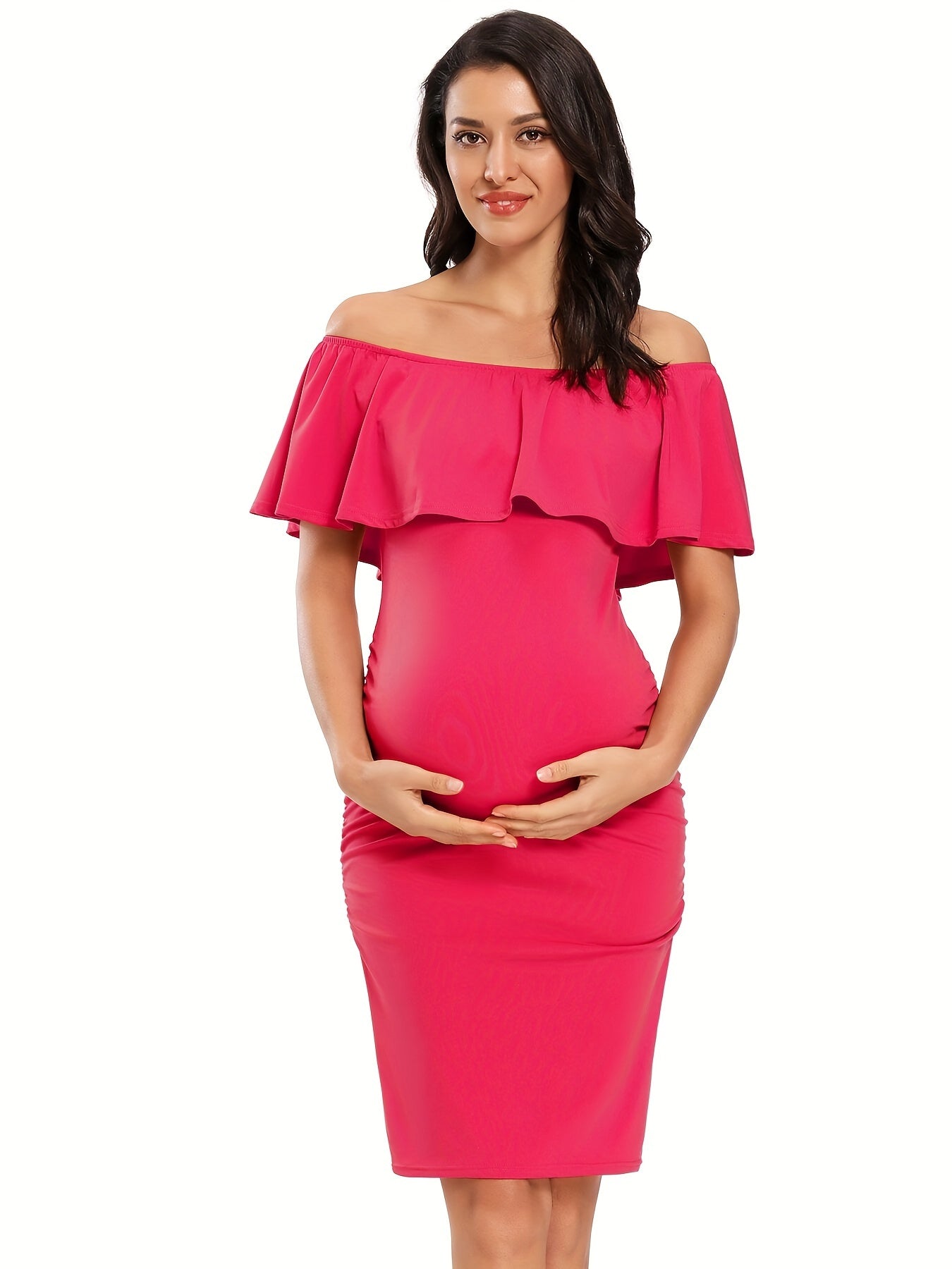 Women's Maternity Dress Off Shoulder Ruffle Sleeveless Bodycon Dress for Baby Shower