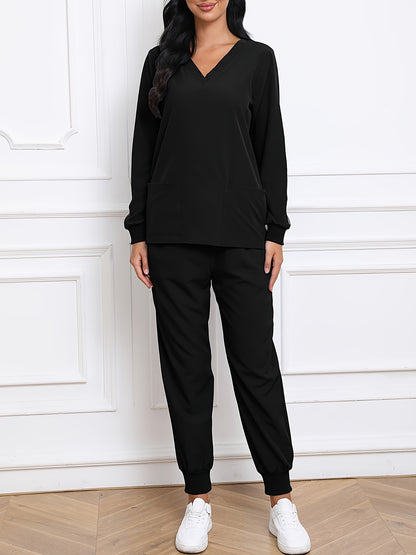 Women'S V-Neck Long Sleeve Elastic Uniform Set with Pockets, Breathable Stretch Top And Waist Cord Pocket Pants Two-Piece Set