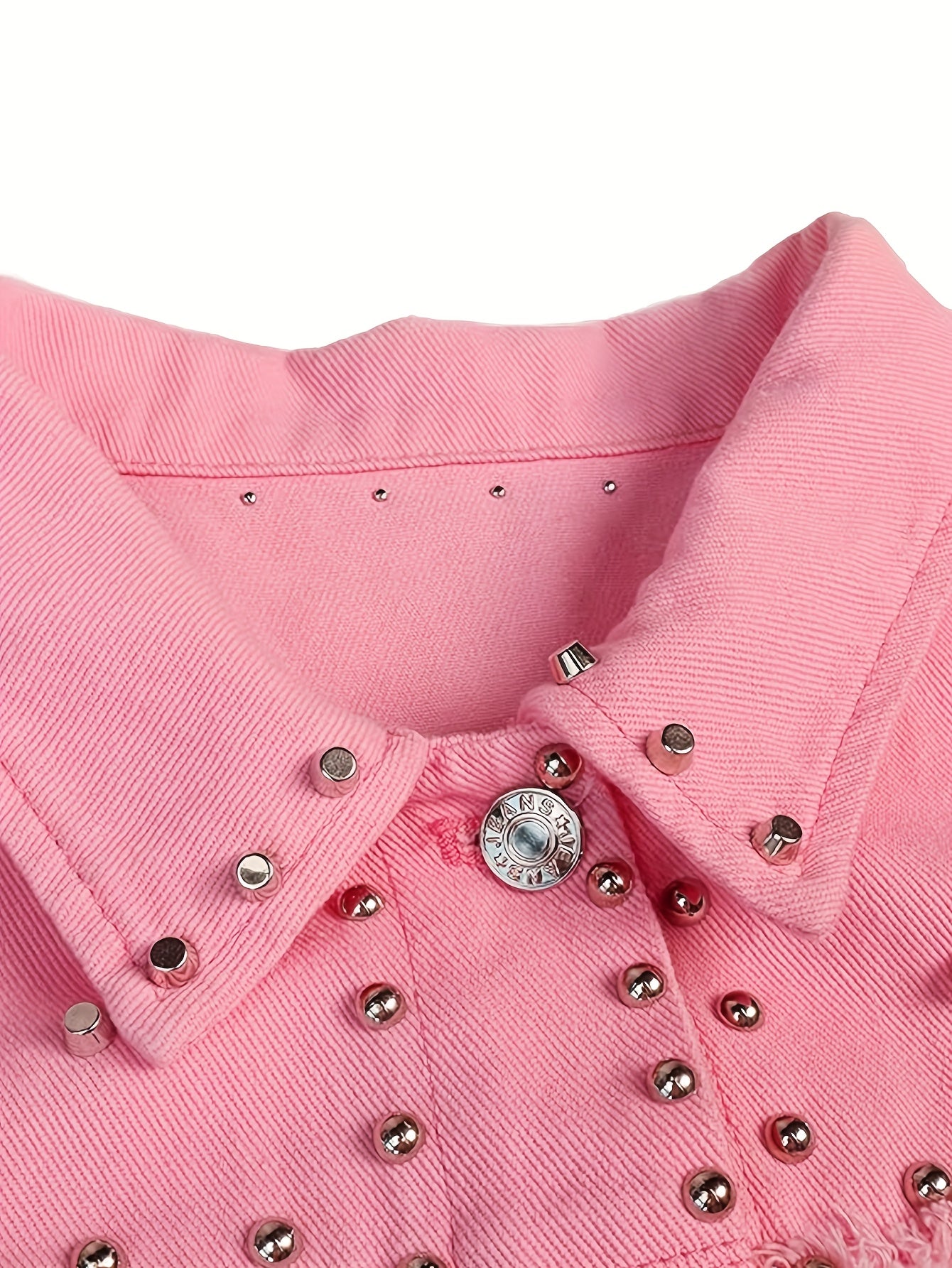 Women's Long Sleeve Rivet Studded Denim Jacket Casual Washed Pearl Short Jean Coat