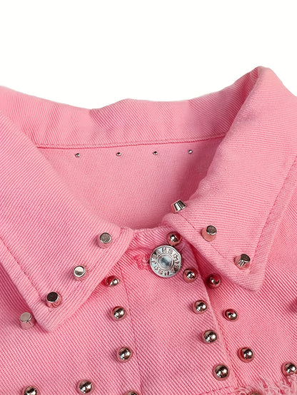 Women's Long Sleeve Rivet Studded Denim Jacket Casual Washed Pearl Short Jean Coat