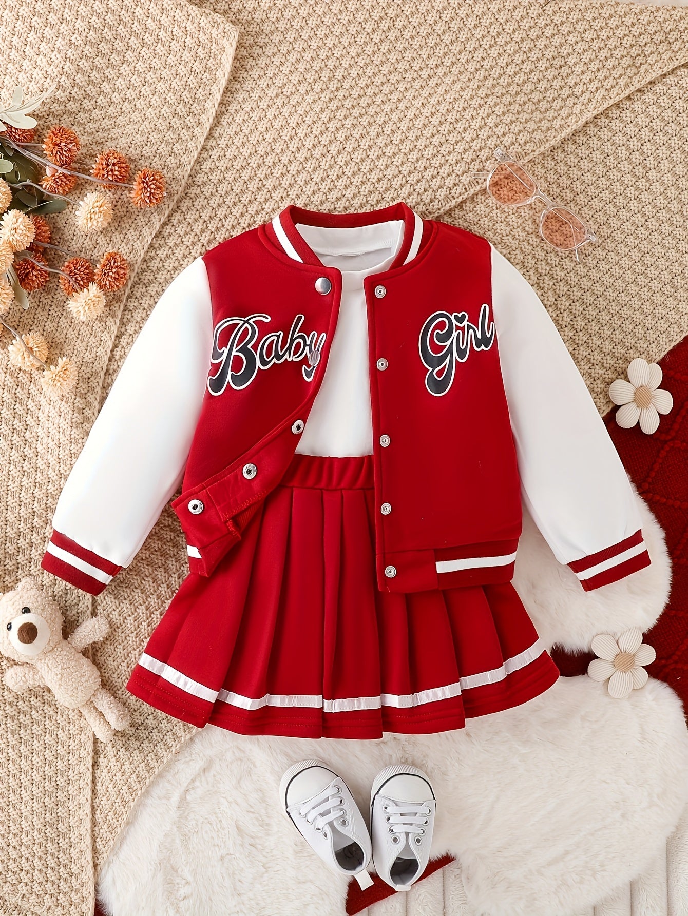 Girls' Style Spliced Baseball Jacket & College Style Skirt Two-Piece Set