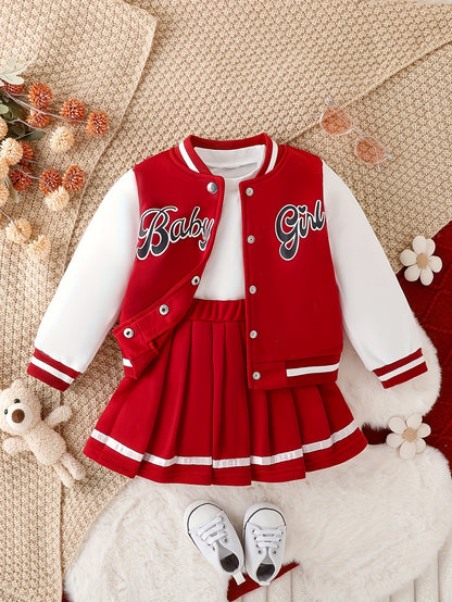 Girls' Style Spliced Baseball Jacket & College Style Skirt Two-Piece Set