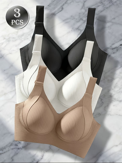 3pcs Women'S Bra Set - Wire-Free Push-Up Support with Adjustable Straps, Ultra-Soft Breathable Non-Detachable Padded Cups, Full Bust Coverage for Daily Wear (Lingerie) - 3 Bras Suitable for Women (White, Apricot, Black)