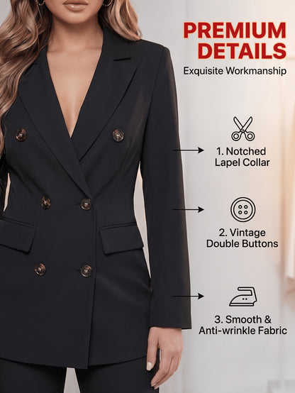 2pcss Blazer Set Pantsuit Women Double Breasted Blazer Set Formal 2pcss Pantsuit For Office Work, Long Sleeve Business Suit Slim Fit Double Breasted Suit For Business Meetings Corporate Office