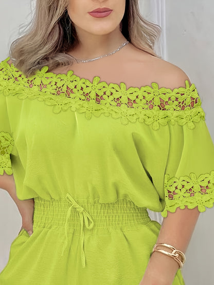 Off Shoulder Floral Dec Short Sleeve Casual Cinch Waist Jumpsuit