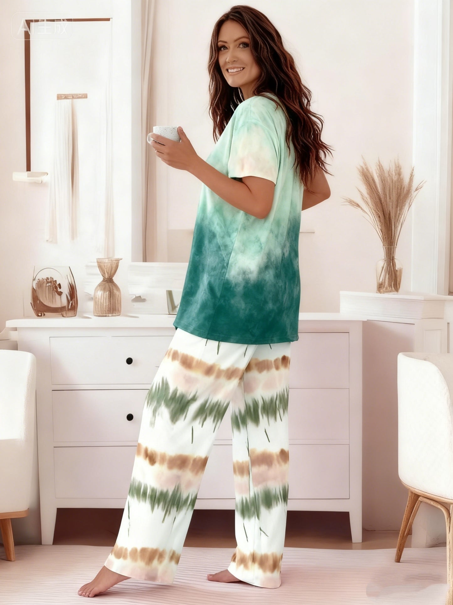 Round Neck Cross Printed Top Short-Sleeved Gradient Wide-Leg Pants Casual Loose Two-Piece Set