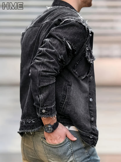 [HME] American Casual Men's Denim Jacket, Non-elastic And Well-fitting, Cool And Slimming, Retro Washed And Versatile Black And Gray, Fashionable Tassel Design Street Style, Open Front Single-row Buttons, Trendy And Versatile Denim Jacket