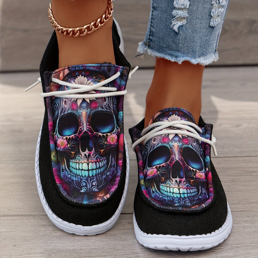 [Vibrant Canvas Sneakers] Lightweight Women's Canvas Sneakers | Colorful Skull Pattern, Soft Sole, Round Toe - Perfect for Halloween Walking Shoes, Casual Walking Shoes
