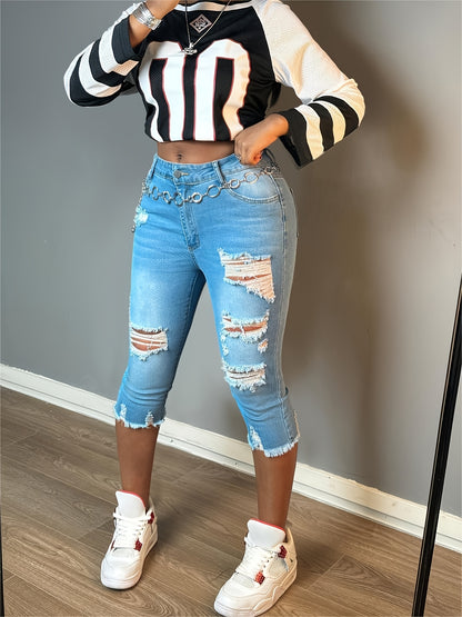 Women Fashion Casual Ripped Capri Jeans Slim Fit Stretchy Denim Pants Classic Raw Hem Denim Three Quarter Pants