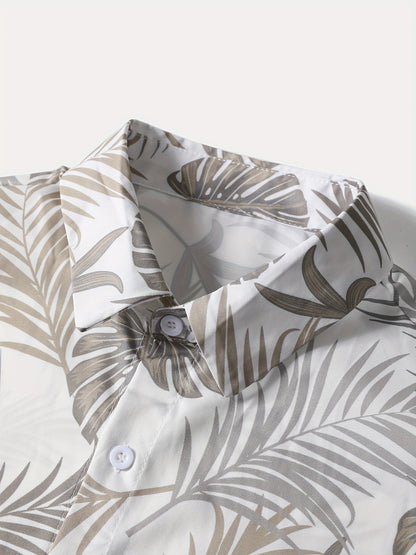 Men'S Short Sleeve Button-Up Shirt And Shorts Set with Leaf Design, Ideal for Summer Outdoor Fun