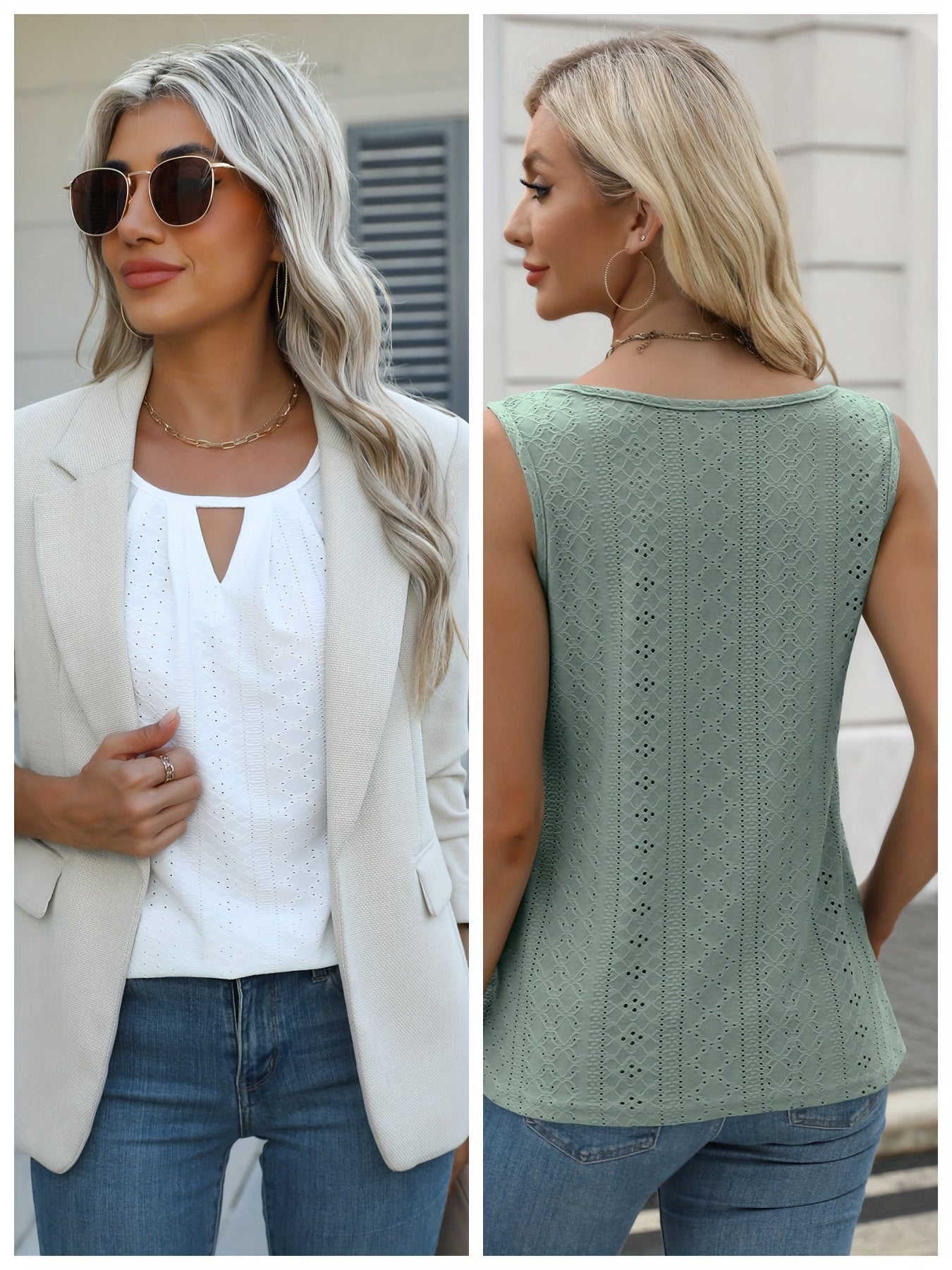 Women's Two-Piece Summer Tank Top Set - Sleeveless Eyelet Embroidery, Loose Fit, Business Casual Tops for Work & Everyday Wear[Women's Two-Piece Summer Tank
