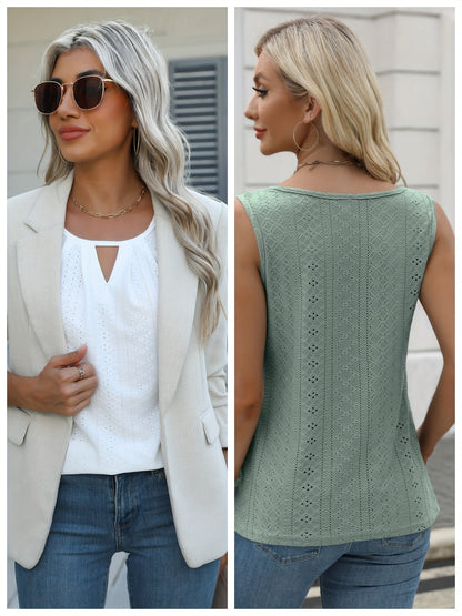 Women's Two-Piece Summer Tank Top Set - Sleeveless Eyelet Embroidery, Loose Fit, Business Casual Tops for Work & Everyday Wear[Women's Two-Piece Summer Tank