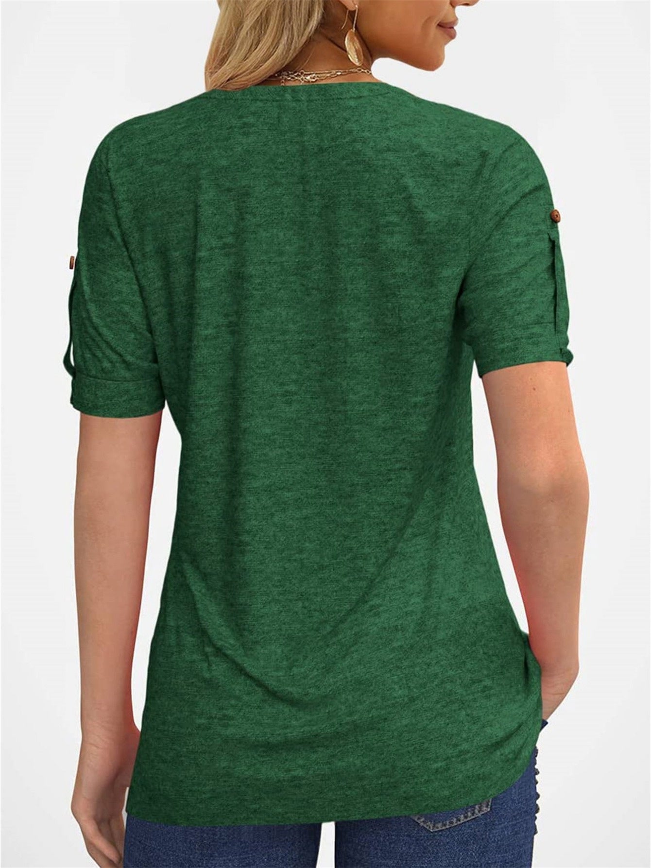 Casual Short-Sleeve Blouse for Women with a Solid Color, Featuring a Pleated Design, Buttoned V-Neck, And a Zipper
